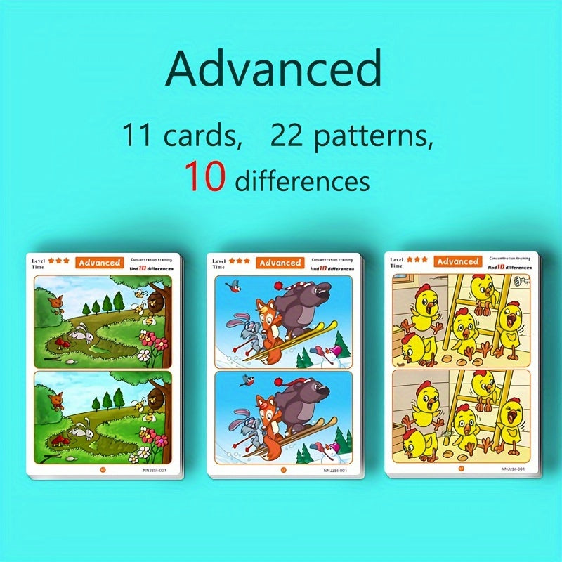 Fun and educational spot the difference game featuring 36 cards with monkey illustrations. Includes marker pen to improve focus and learning. Perfect gift for youngsters, colorful patterns