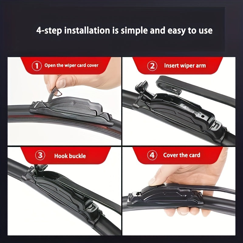 Quiet and durable 4-layer J/U hook wiper blades with 4 rubber strips in sizes ranging from 35.56 cm to 71.12 cm, suitable for all cars.