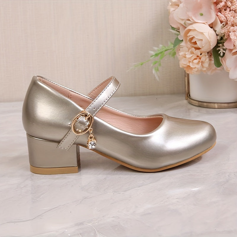 Girls' Princess High Heel Ballet Shoes in British campus style, ideal for weddings and formal events. Available in black, white, pink, and golden colors with a durable TPR sole.