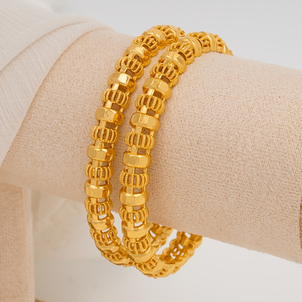 Set of 4 elegant bangles crafted from gold-tone alloy, inspired by Dubai's luxury fashion. Perfect for women seeking Middle Eastern style for bridal, festival, or everyday wear. A thoughtful Thanksgiving gift that can be worn year-round.