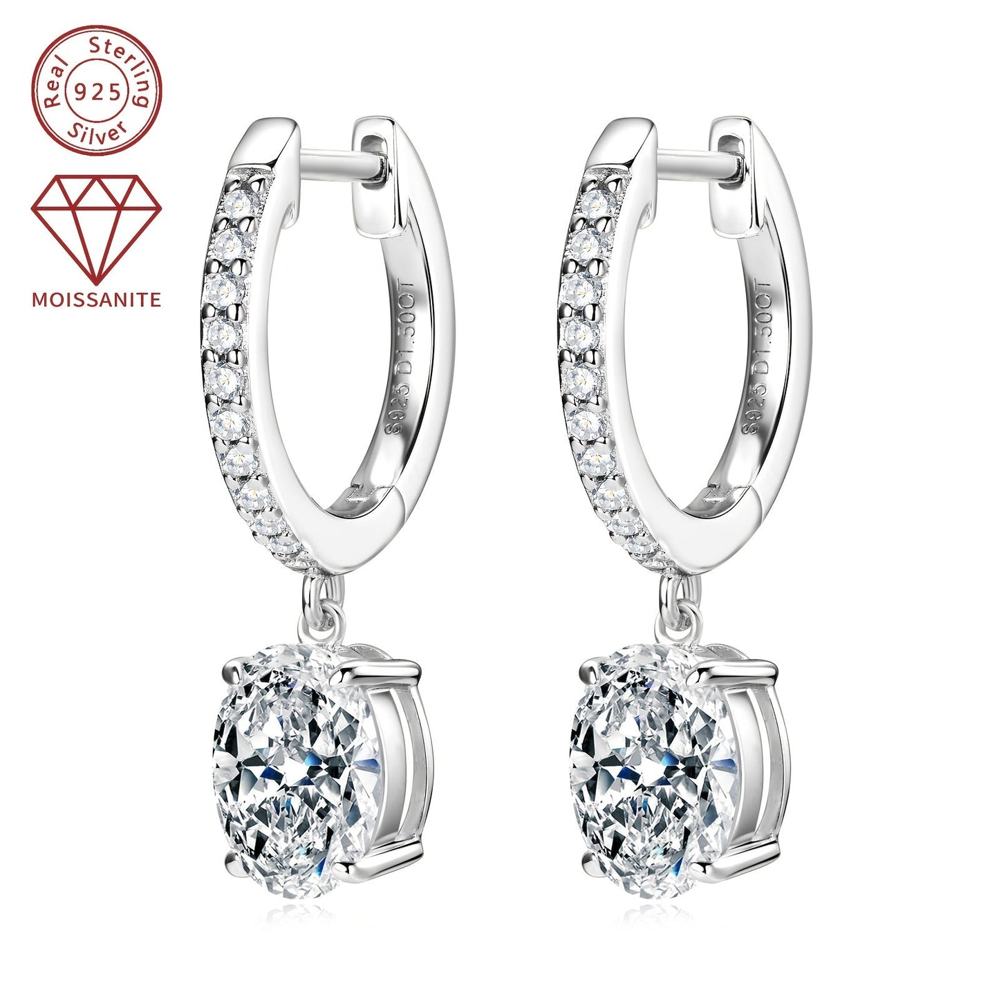 These exquisite silver earrings feature a pair of synthetic moissanite stones, each weighing 1.5ct. The main stones are 6x8mm in size, giving off a dazzling sparkle. These dangling earrings are perfect for adding a touch of glamour to any outfit.