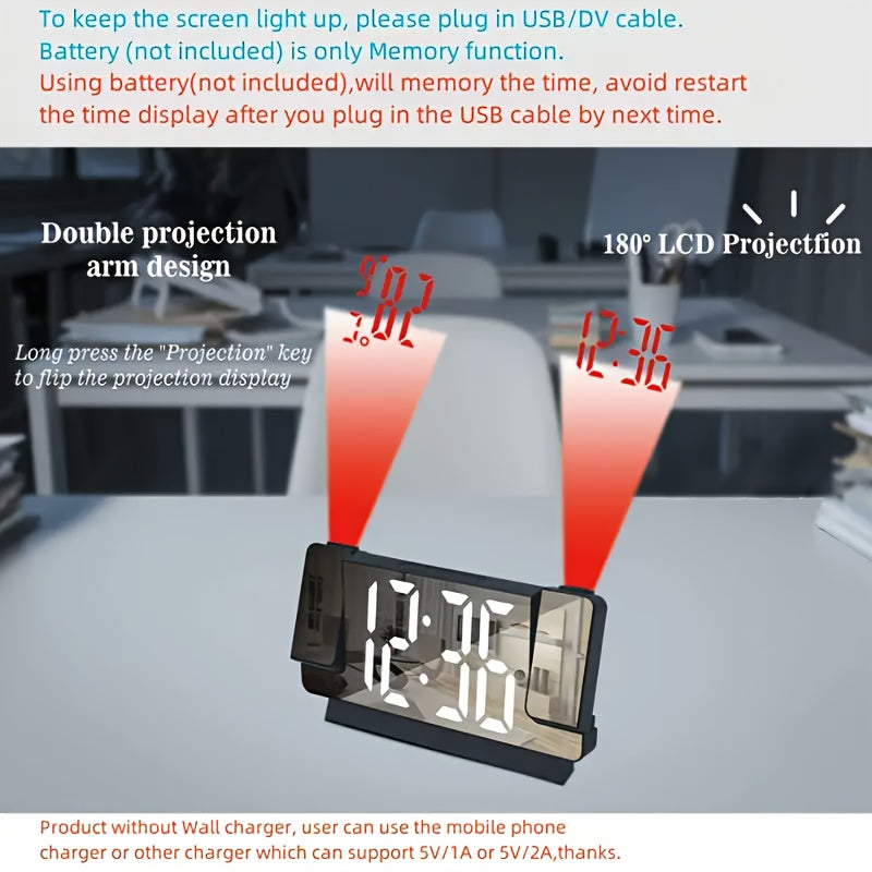 LED Dual Projection Alarm Clock with USB Power, Battery Operated, Digital Wall Clock for Bedrooms.