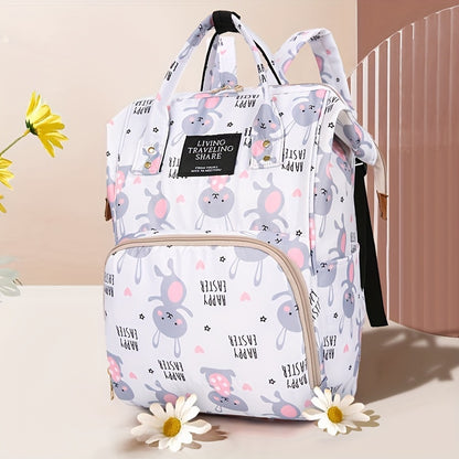 1 Oxford material diaper bag with adjustable shoulder straps, waterproof and stain-resistant, zip closure, polyester lining, cartoon and letter print design for outings.