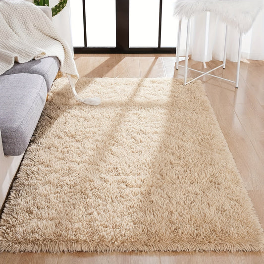 Luxurious Beige Plush Area Rug - Soft Faux Fur Carpet for Cozy Home Decor, Ideal for Living Room, Bedroom, and Entryway. Low Maintenance, Non-Shedding, Made of 100% Polyester. Dry Clean Only.