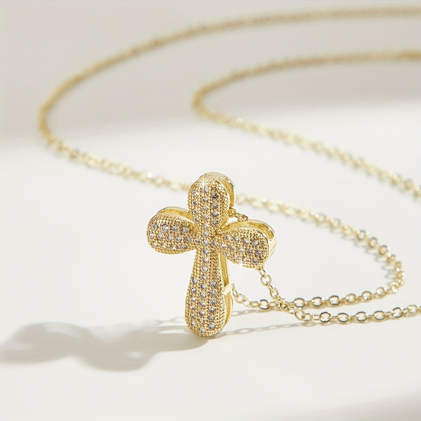 Stylish Cross Pendant Necklace in 14K Gold Plating featuring Synthetic Cubic Zirconia, Religious Charm Symbol, Copper Material, Beautiful Faith-Inspired Present for Girlfriend, Perfect for Everyday and Travel, Ideal Valentine's Day Gift.