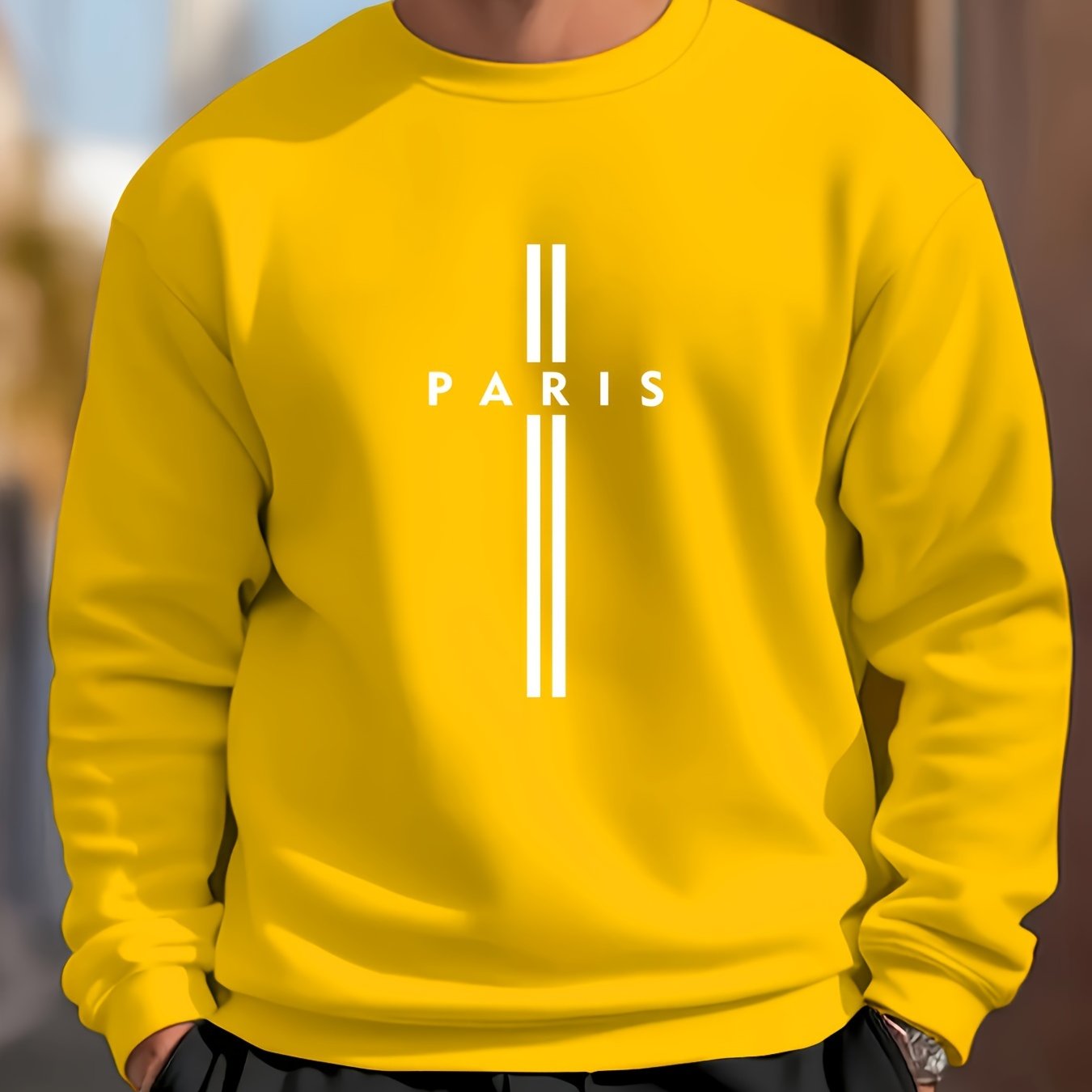 Stylish Paris letter print men's crew neck sweatshirt for outdoor sports in spring and autumn.