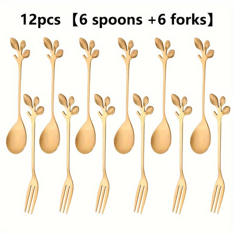 Leaf-shaped dessert spoons and forks in 24-pack, 12-pack, and 6-pack sizes for home and commercial use. Ideal for stirring, couple gifts, birthdays, parties, cakes, salads, and dinner gatherings. Trendy and stylish design.