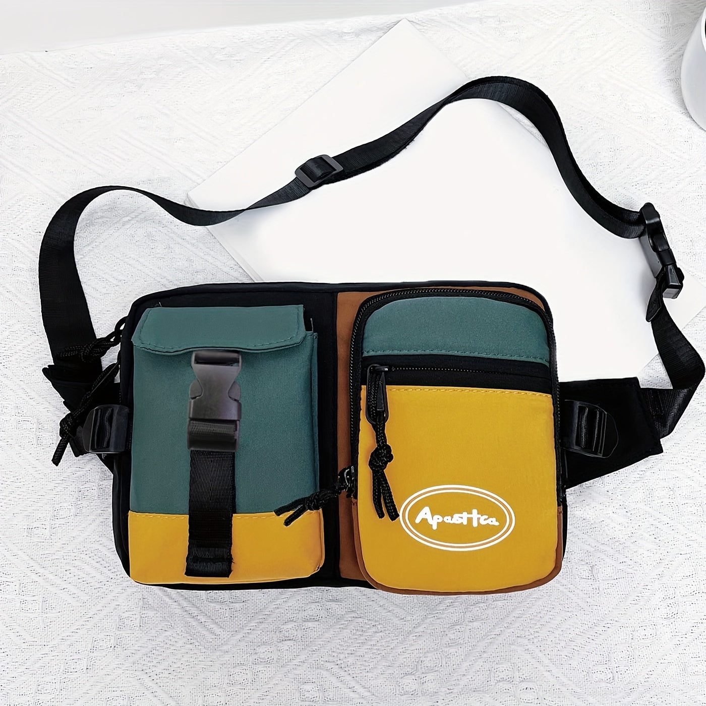 Waterproof chest bag with adjustable strap for outdoor activities, travel, running, hiking, and cycling.