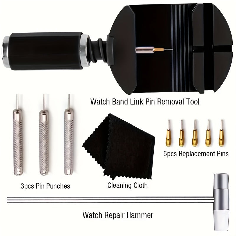 Watch Link Removal Tool Kit - 11 pieces Set, includes Tool for Watch Band Strap Adjustment, Chain Pin Remover, and Bracelet Sizing. Perfect for Watch Repair and makes an Excellent Gift Choice