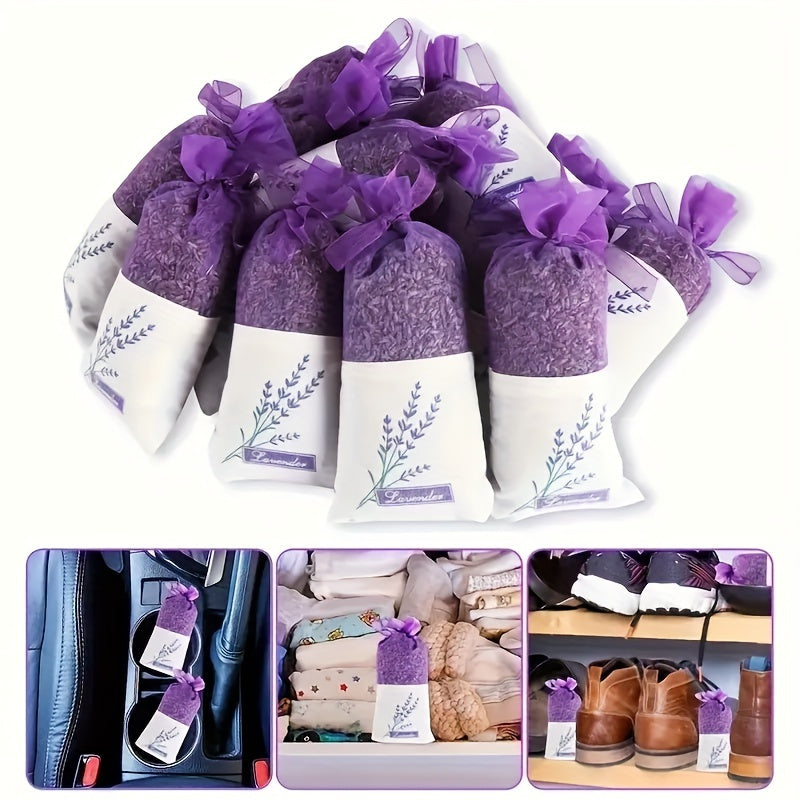 5-Pack lavender scented yarn bags with wooden sachets for car, drawer, and wardrobe; non-electric fresh perfume home fragrance bags in purple color.