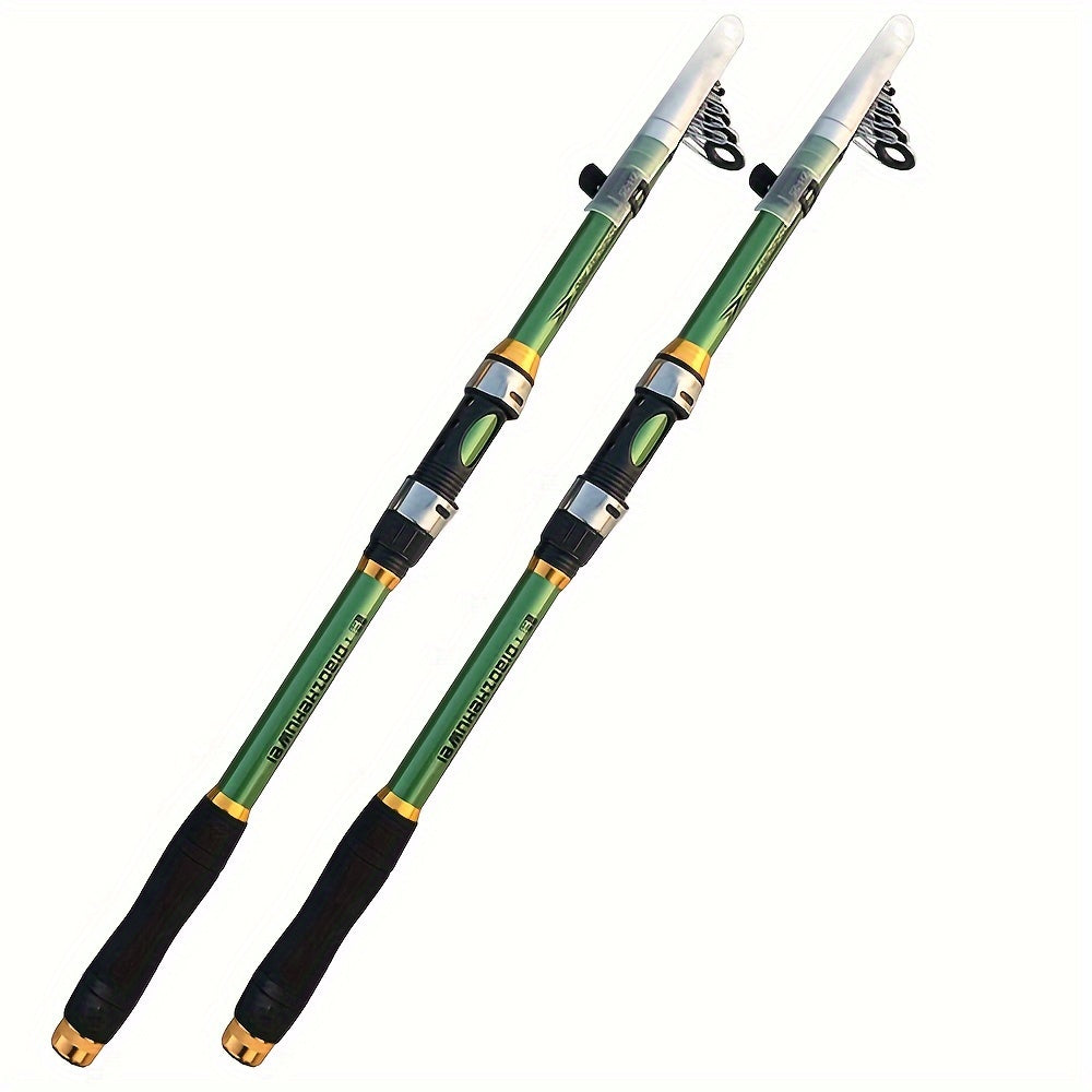 Telescopic fishing rod made of carbon fiber and FRP, 30-70cm extendable with green and black design. Features comfort foam handle and durable ceramic and stainless steel reel seat. Ideal