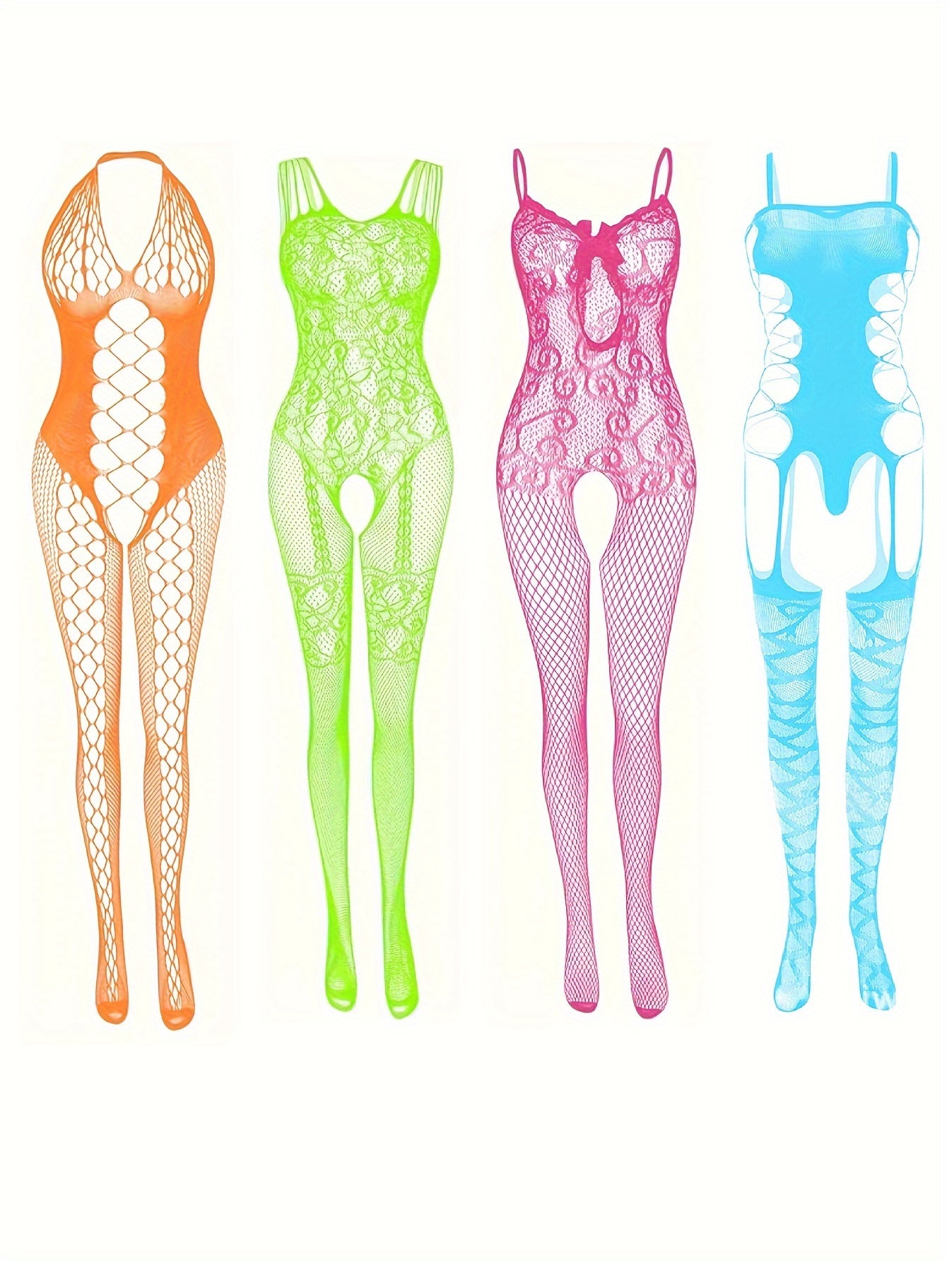 4 colorful beach jumpsuit combinations and sexy lingerie bodystockings, plus size fishnet open crotch full bodysuit.