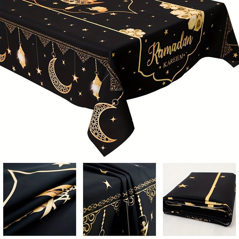 Eid Mubarak Polyester Tablecloth, 180x140cm Ramadan Kareem Black Table Cover for Islamic Muslim parties and home celebrations.