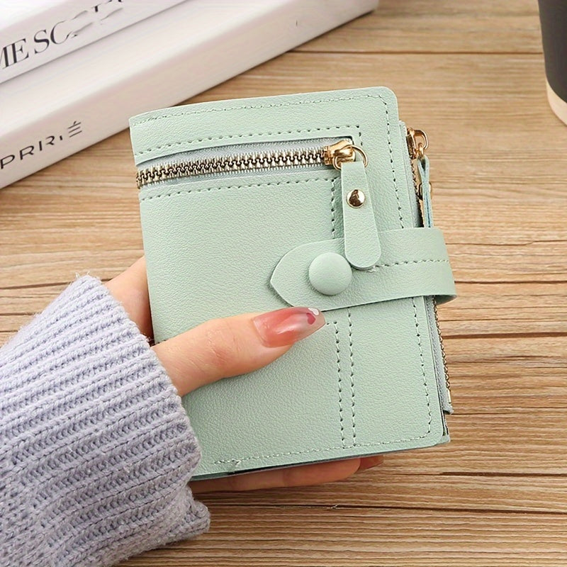 Foldable, stylish short wallet for women with multiple zippers, clasps, and card slots, ideal for coins, change, credit cards, and ID cards.