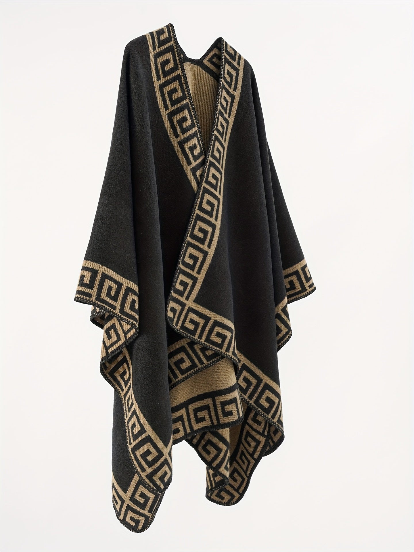 Cozy split shawl with geometric print for plus size women, ideal for fall and winter.