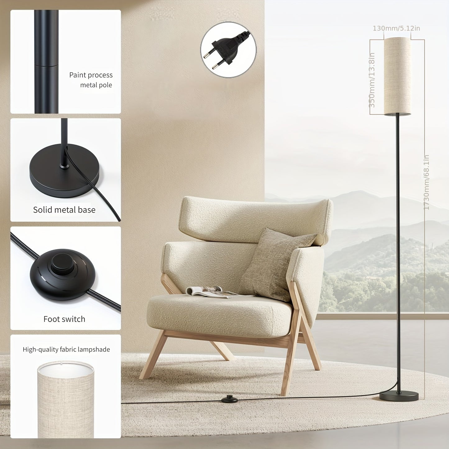 Adjustable floor lamp for living room, bedroom, office, home, and hotel. Includes 9W bulb and 3 color temperatures.