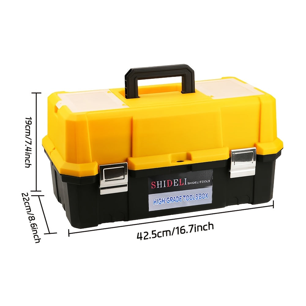 Waterproof 3-Tier Plastic Toolbox Organizer, 18/21 Inch - Portable Storage Case for Home, Black/Yellow.