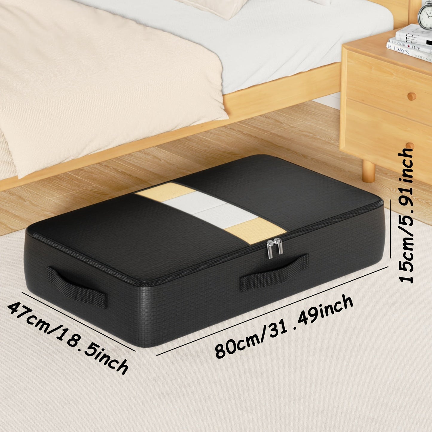 Large capacity fabric under-bed storage bag with waterproof packaging, ideal for storing clothes, blankets, pillows, toys, and books. Features a foldable design and independent, stylish look. Offers less than 3.2 cubic feet of storage space and fits