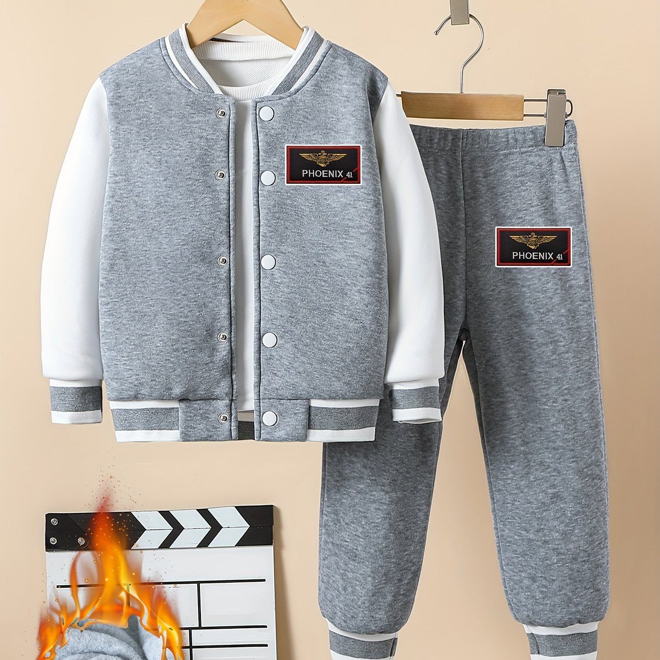 Boys' baseball uniform set with letter and phoenix splicing, featuring a long-sleeved jacket and warm sports trousers for versatile wear in spring, autumn, and winter.