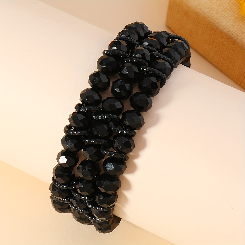 A versatile black beaded stretch bracelet in boho style for women made of aluminum alloy and artificial crystal, perfect for daily wear and gifting all year round.