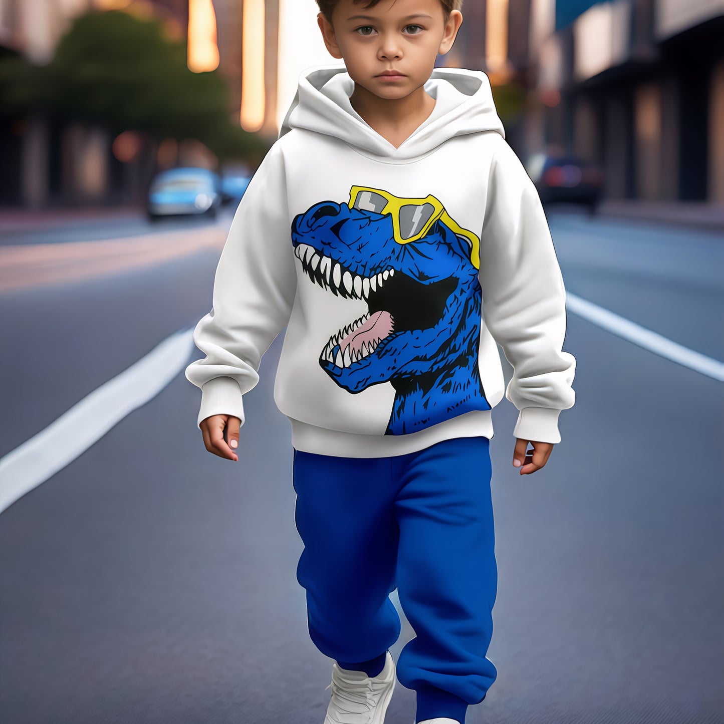 2-piece dinosaur print sweatshirt sports suit for boys, ideal for outdoor wear in spring and autumn. Comfortable fabric, great gift for youngsters.