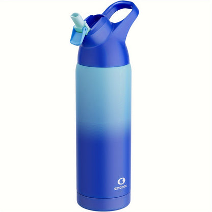 ENCOOL 24oz stainless steel water bottle with leak-proof Tritan lid, straw, and carry loop. Double wall insulated, PVC-free, round shape. Ideal for sports and travel. Hand wash only.