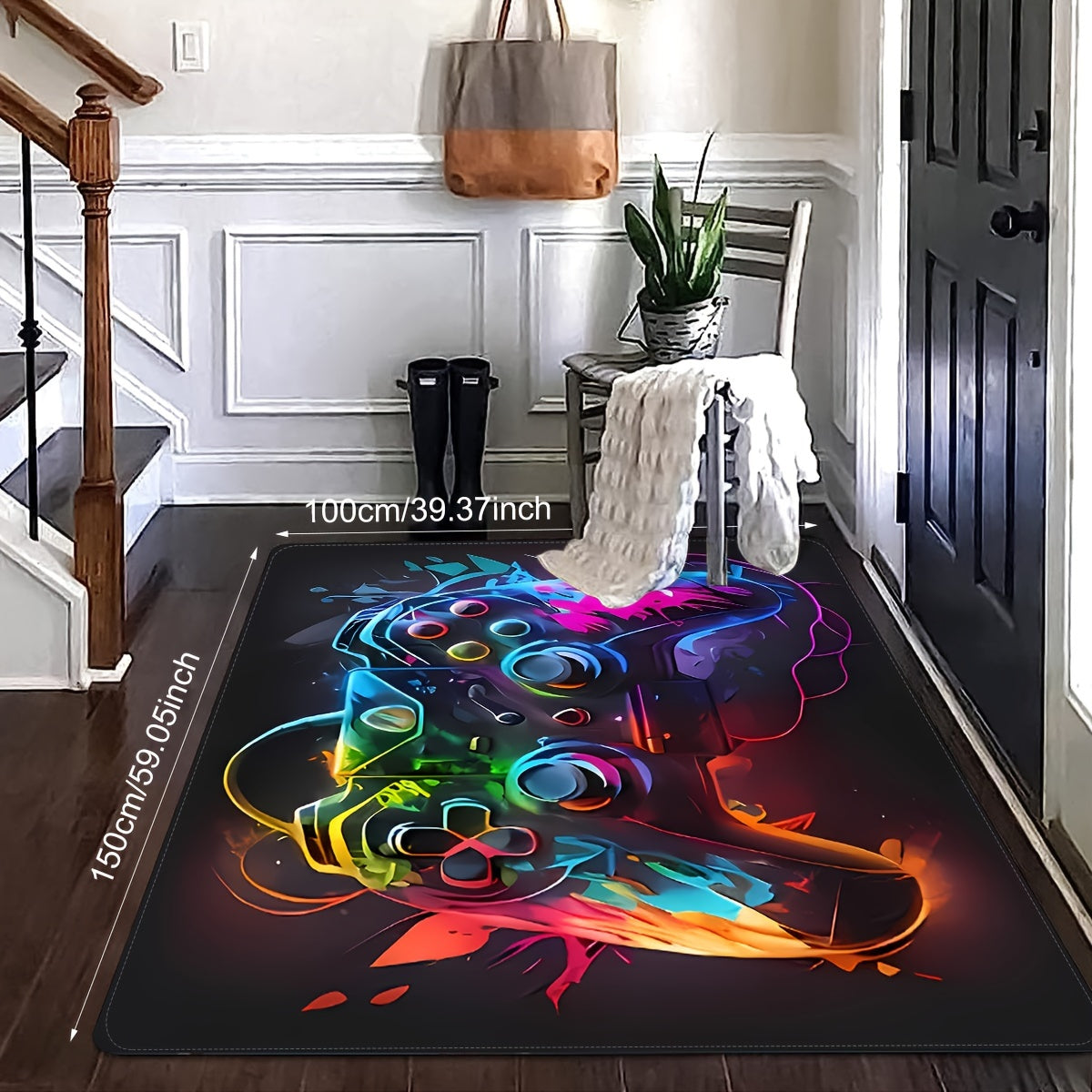 Polyester non-slip rug featuring a game console element pattern, perfect for high-traffic areas like bedrooms, offices, and living rooms. Easy to clean and durable.