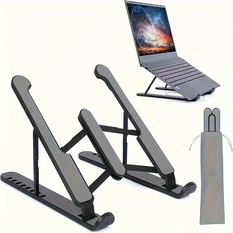 Adjustable laptop stand made of lightweight ABS material, with easy clip and foldable design. Fits 30.48-39.62 cm notebooks, provides enhanced cooling and comfort.