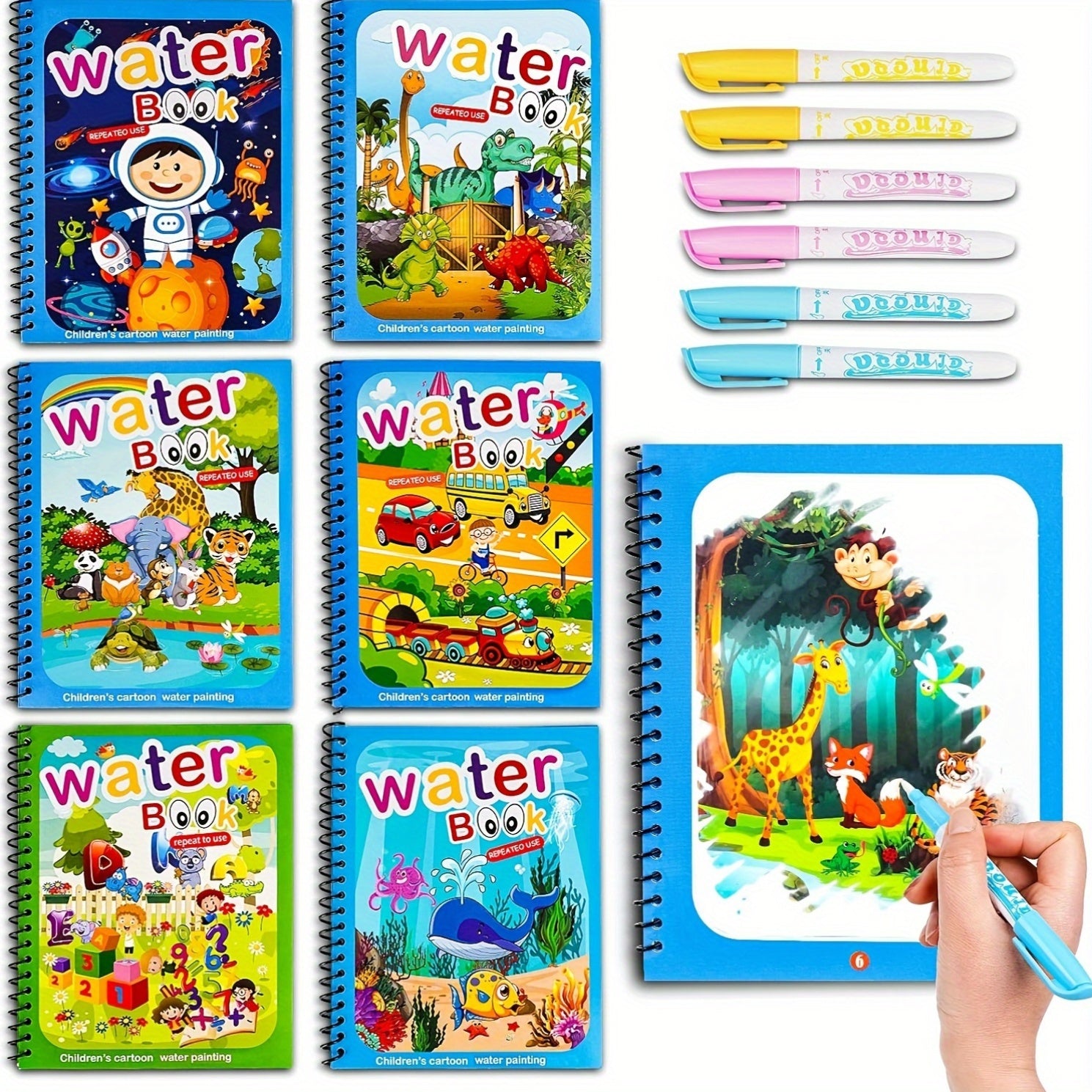 Reusable water drawing books for children with water pen, promoting imaginative play and enhancing drawing skills using paper material in mixed colors.