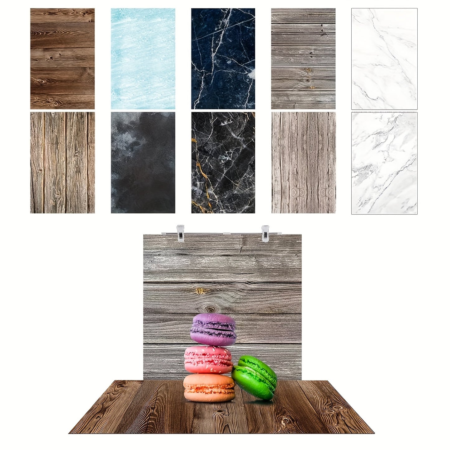 5 pieces of large 87x57cm marble wood cement product background paper with 10 patterns for food photography. Double-sided for tabletop backdrops.