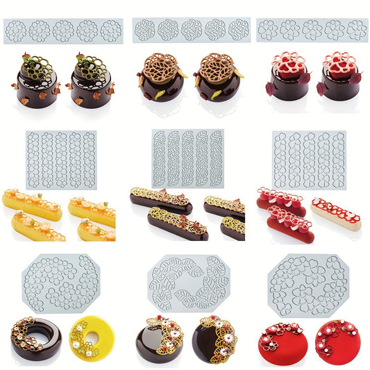 Silicone cake lace mat featuring elegant heart and bubble leaf designs, ideal for decorating Western pastries and chocolates. This food-safe baking mold is perfect for both home and professional use.