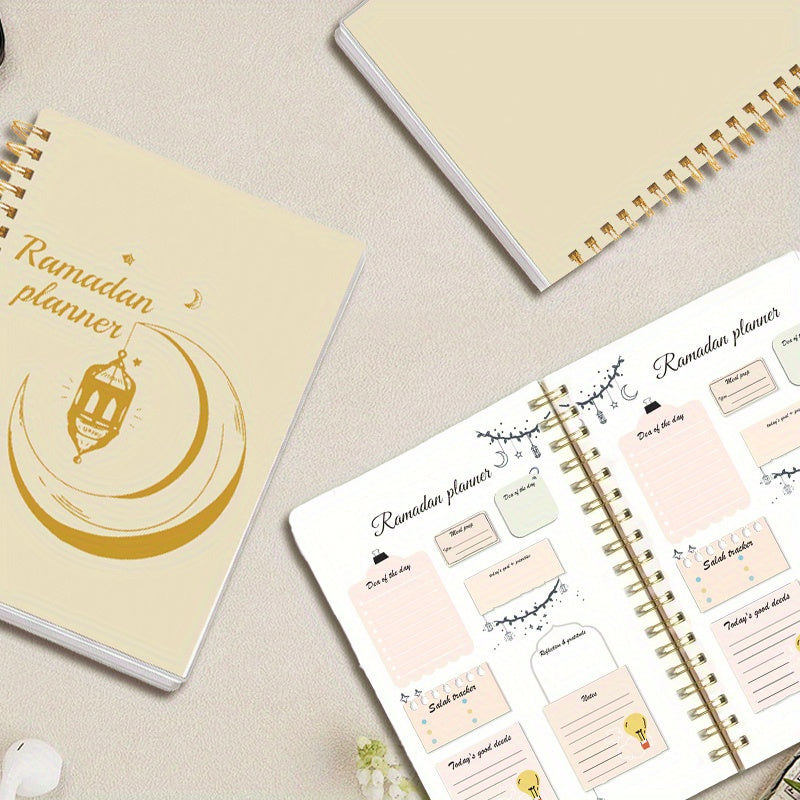 Ramadan planner notebook with crescent design, to-do list, and priorities, available in various sizes and quantities.