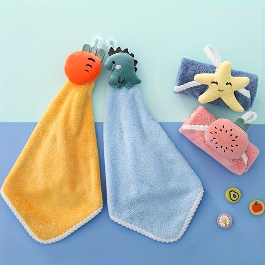 Cute dinosaur hanging hand towel made of soft coral fleece, highly absorbent and ideal for kitchen and bathroom use. Great for both kids and adults.