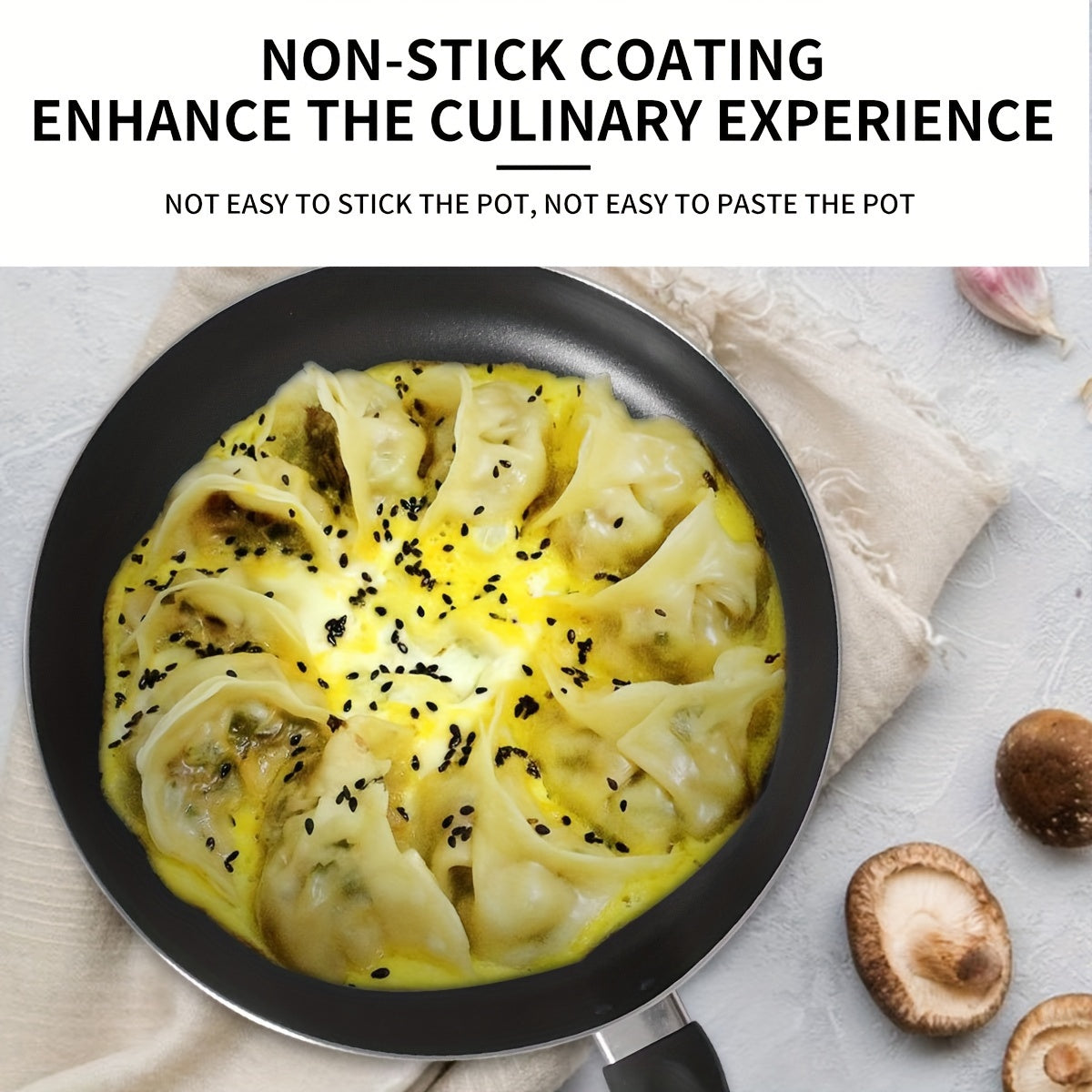 Get the perfect 10.8-inch black aluminum non-stick frying pan for your low-fat cooking needs! This pan is ideal for cooking eggs and steak with its easy grip handle, lightweight design, and scratch-resistant coating. It is compatible with gas, electric