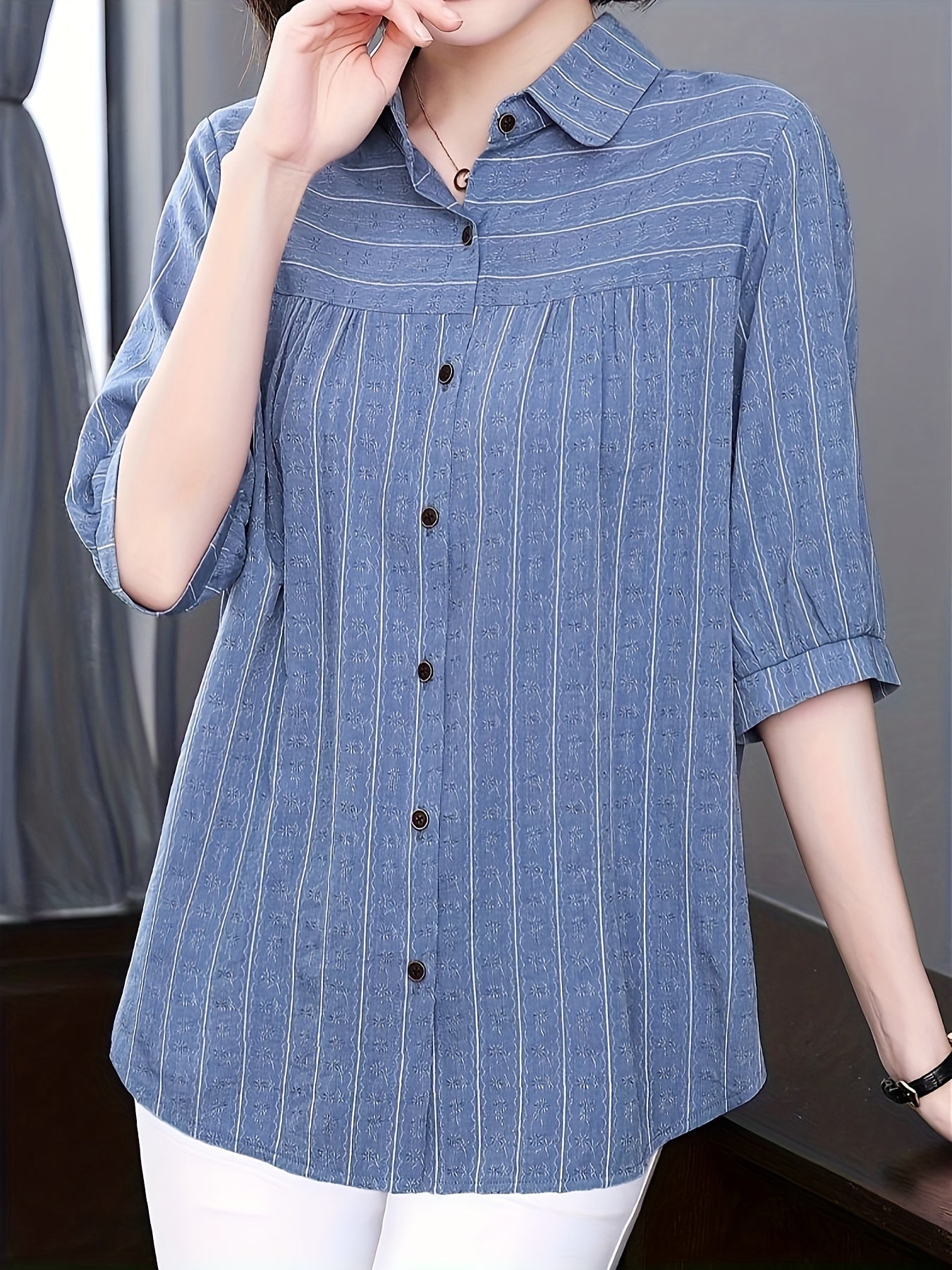 Striped print half sleeve shirt for women, perfect for spring and summer.