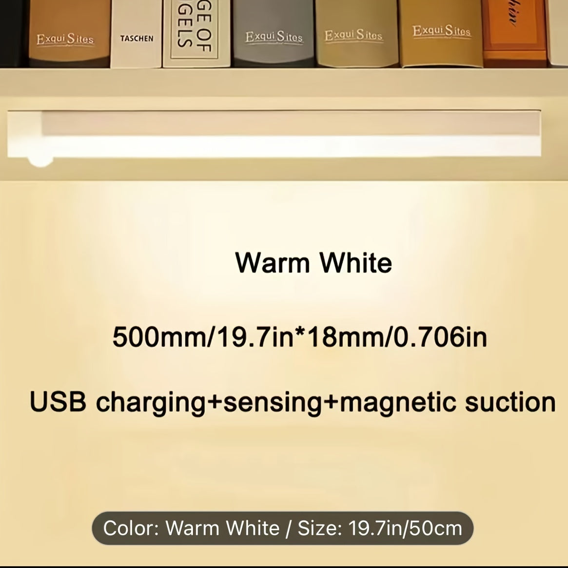 USB rechargeable motion sensor night light with warm and white light options, suitable for under cabinet, kitchen, wardrobe, and more.