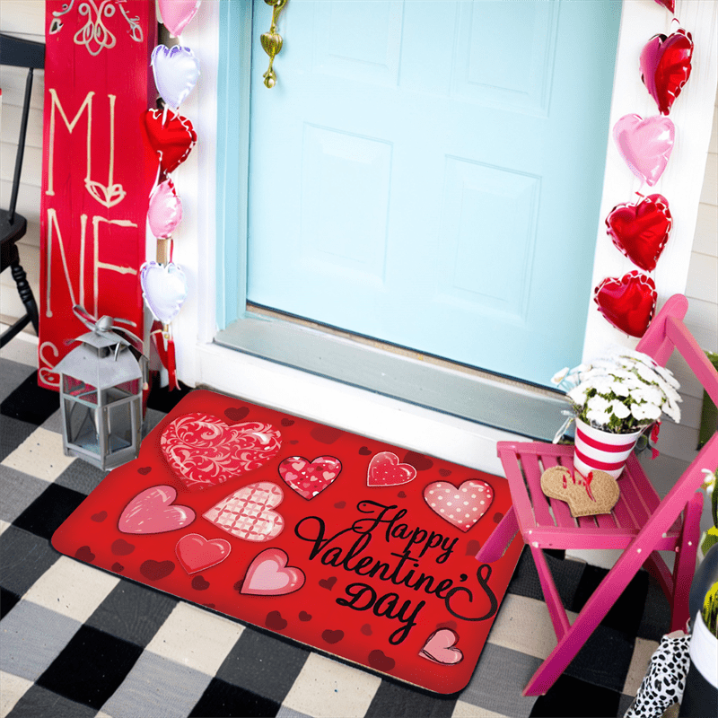 Valentine's Day Welcome Doormat in Love Theme, Crafted from Non-Slip Polyester Flannel, Easy to Wash in Machine, Resistant to Stains & Water, Low Pile Design, Machine-Made, Perfect for Entryways & Bathrooms, Ideal Valentine's Day Gift.