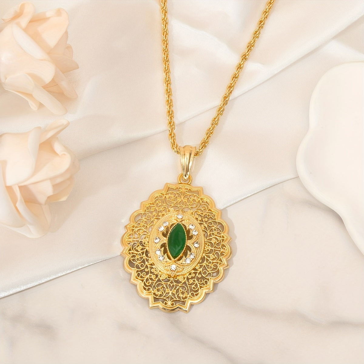 Antique Tribal-Inspired Pendant Necklace featuring a Synthetic August Birthstone, Resin Inlaid with 24K Gold Plating, Intricate Floral Hollow Design, Moroccan Bridal Jewelry with Twisted Chain for Everyday Wear and Special Occasions - Perfect Gift for