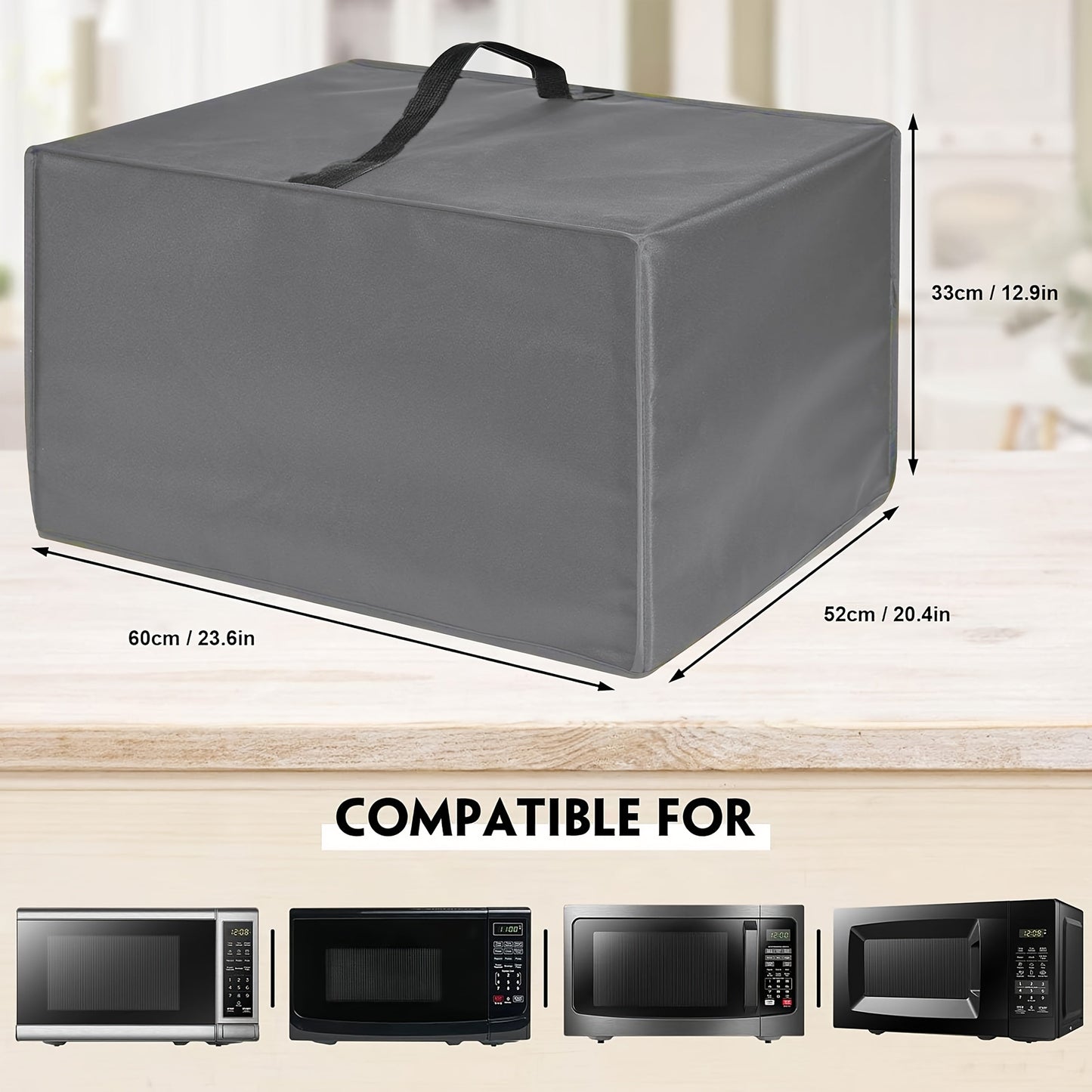 The sleek black/gray durable waterproof microwave oven dust cover features a foldable design and is easy to clean. It includes a handle for added convenience and is compatible with most microwaves. This protective cover helps keep appliances clean by