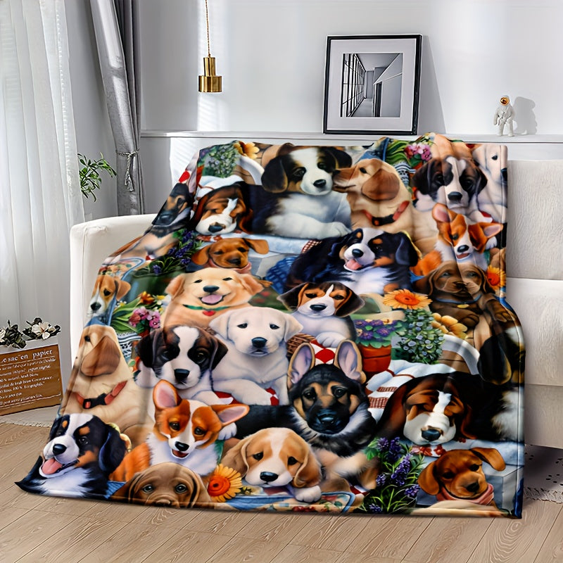 Stay stylish all year round with our Mid-Century inspired Dog Print Flannel Throw Blanket. This versatile piece is perfect for adding a touch of animal theme to your bed or sofa decor. Take it with you on your camping trips or travels for a lightweight