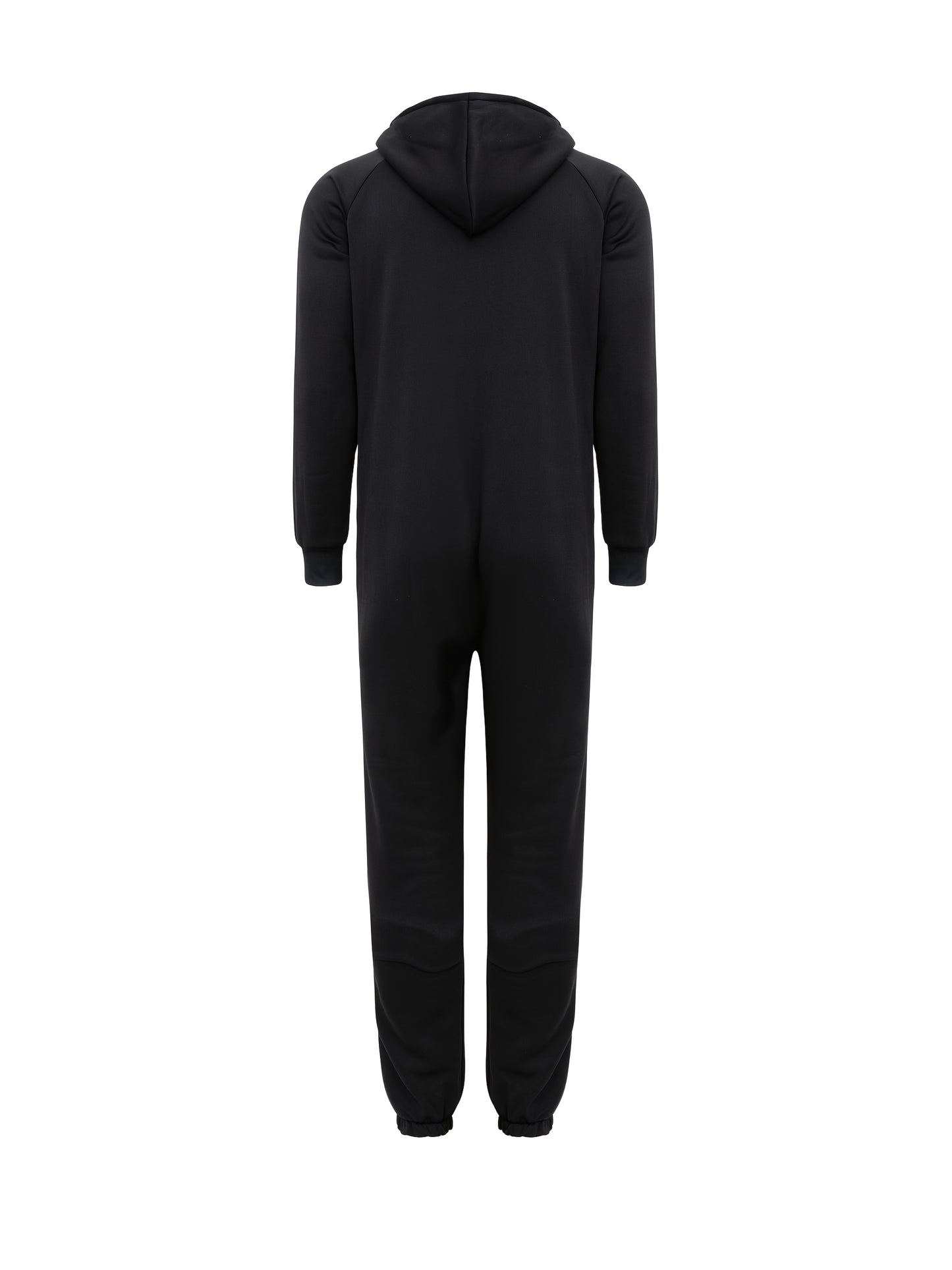 Men's Winter Pajama Jumpsuit - Solid color, long sleeved knit fabric, 100% polyester, hooded collar, with pockets and slight stretch. Comfortable lounge wear.