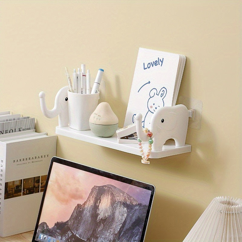 Wall-mounted storage rack shaped like an elephant, no need for drilling, versatile organizer for kitchen, bathroom, and study.