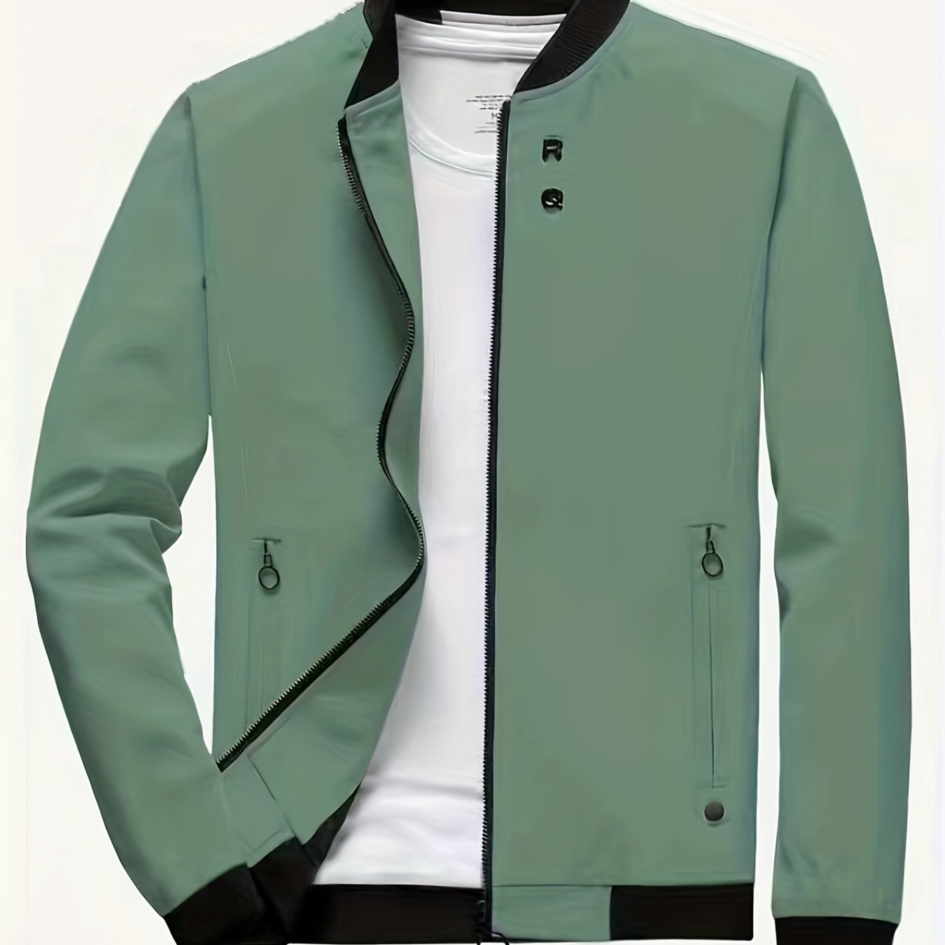 Casual long-sleeved jacket with zip, stand collar, pockets, and slim fit; ideal for spring and autumn.