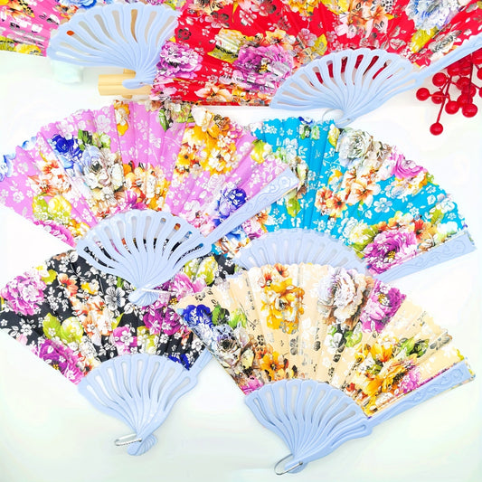 12 elegant floral fabric paddle fans with plastic handles - featuring linen texture, golden accents, and handheld folding design for events and decor - no electricity required.