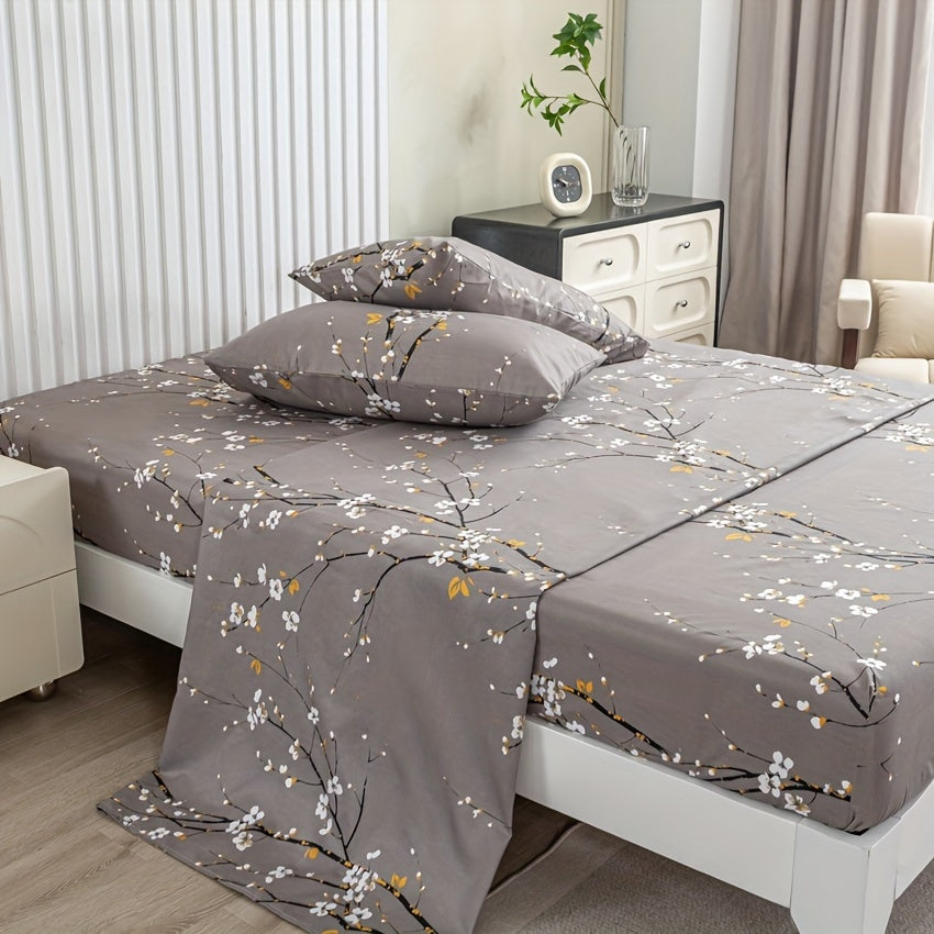 Floral Branch Fitted Sheet Set with 4 pieces, made of soft microfiber with deep pocket fitted sheet and included pillowcases. No core.