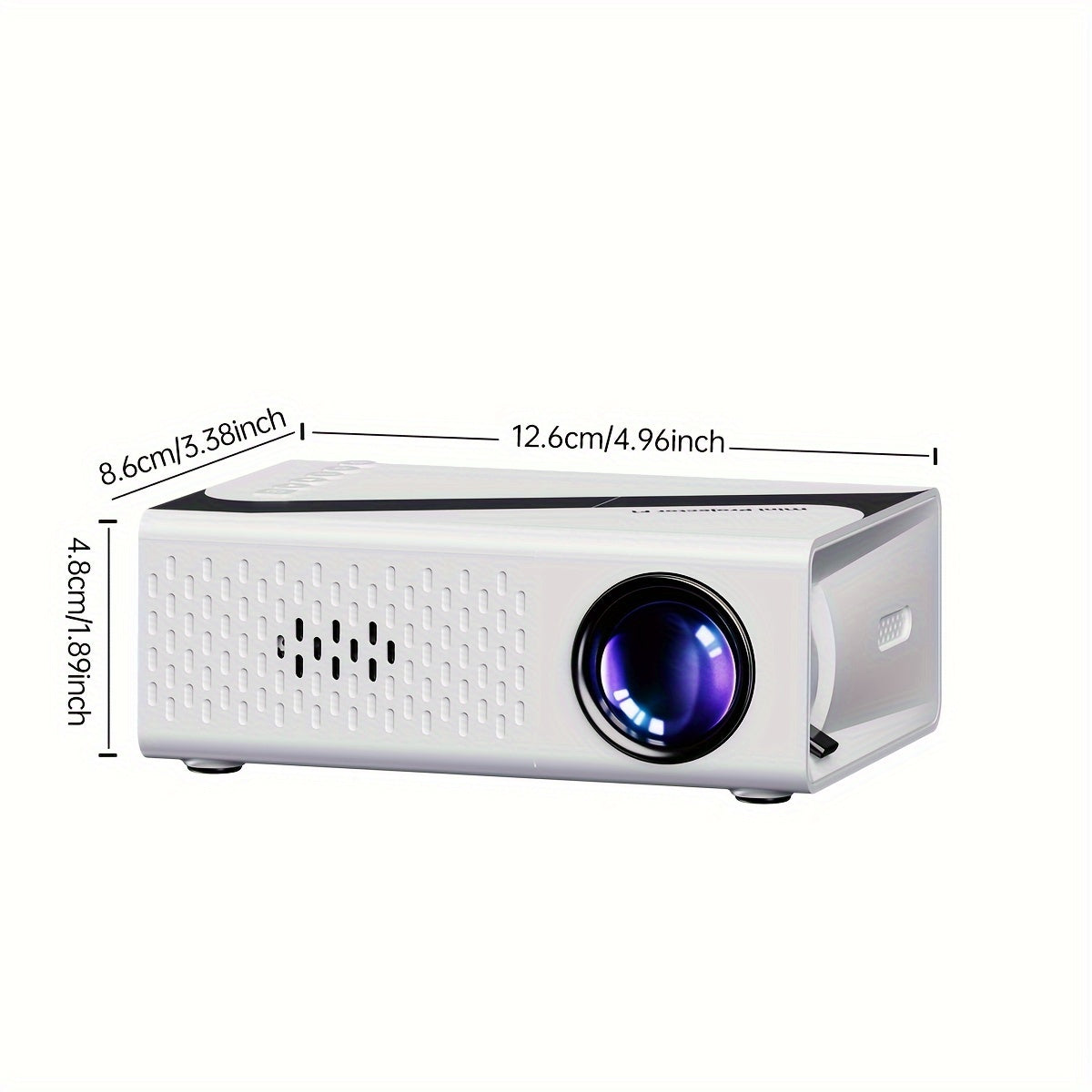 Compact mini projector with 80-inch display, 3D visuals, USB phone link, remote control, LED light source, white color, EU plug, tabletop installation, high-performance electronics