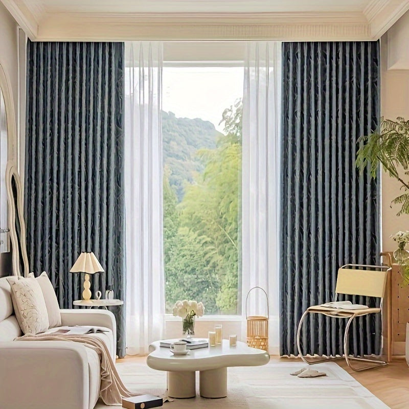 Luxurious embossed bronzing leaf curtains with semi blackout feature, perfect for living rooms and bedrooms. These curtains feature a jacquard design with a 3D plant pattern, adding a touch of elegance to any room. The grommet top farmhouse drapes are a