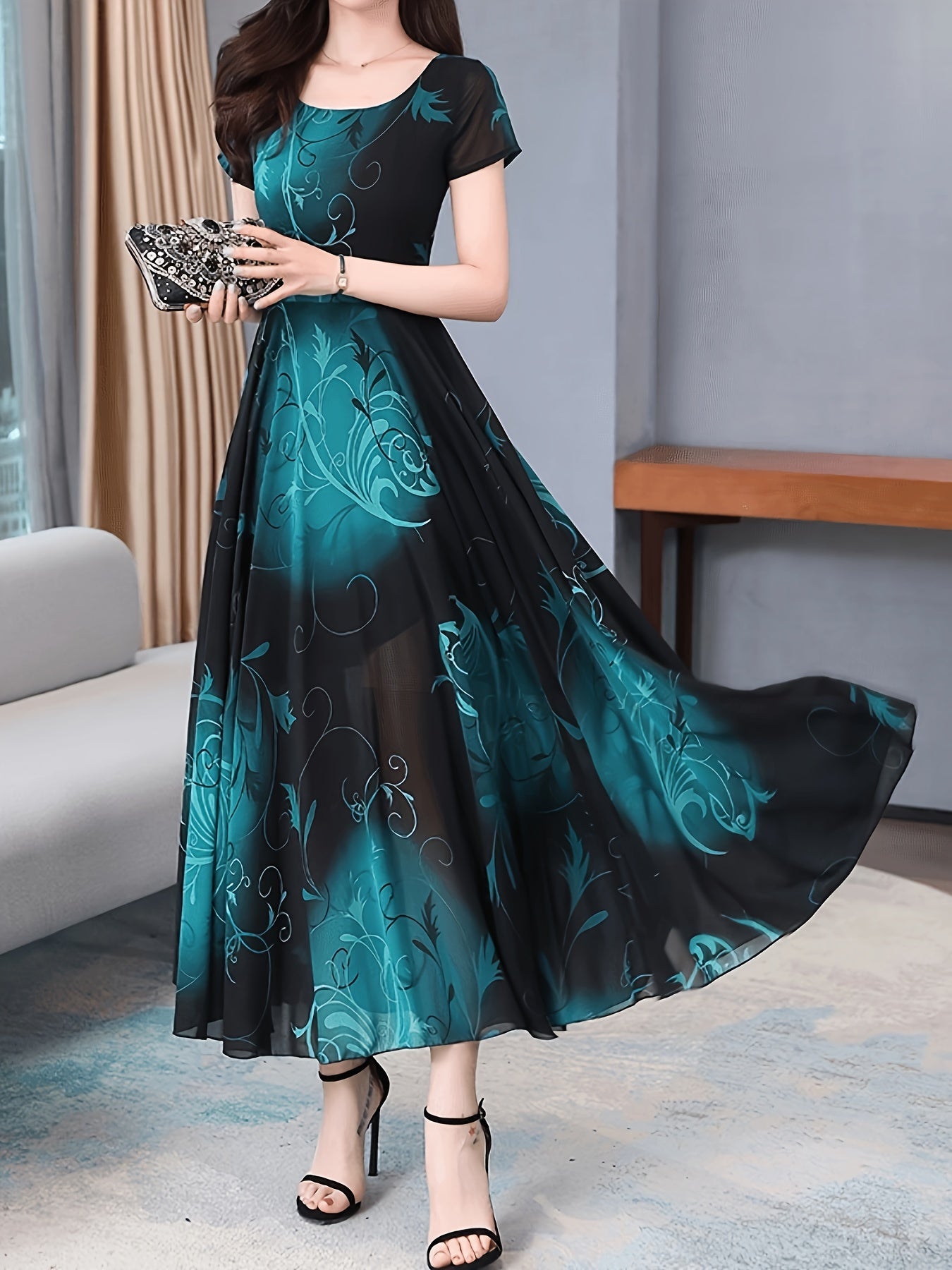 Polyester women's dress with floral print, round neck, hand wash only, suitable for spring/autumn, no stretch or see-through.