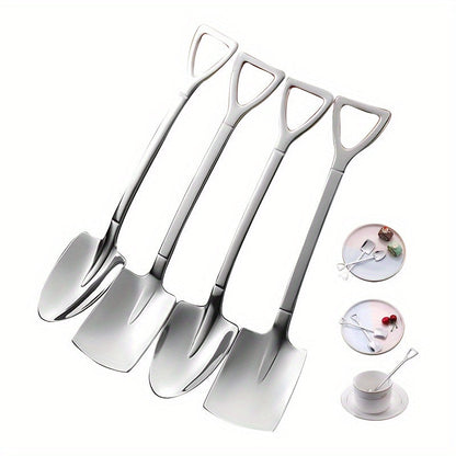 Set of four stainless steel dessert spoons, 6 inches in length perfect for mixing teas, desserts, coffee, tea, ice cream, fruit, and cake. Ideal for use in home kitchens, restaurants, as well as for holiday celebrations such as Christmas, Halloween, and