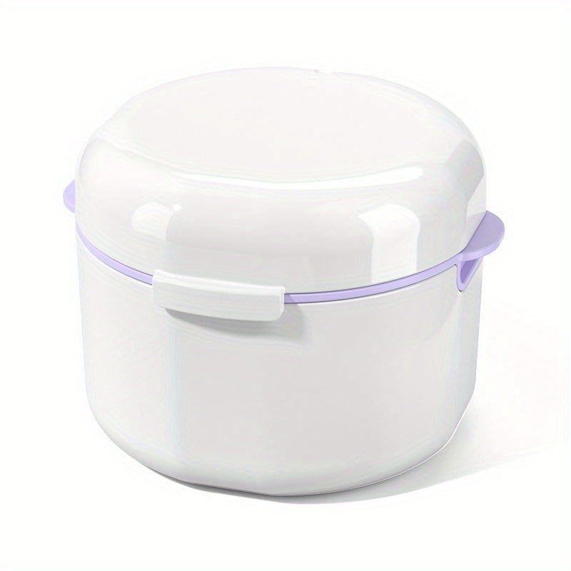 Two-layer denture cleaning case with lid; portable and leak-proof.